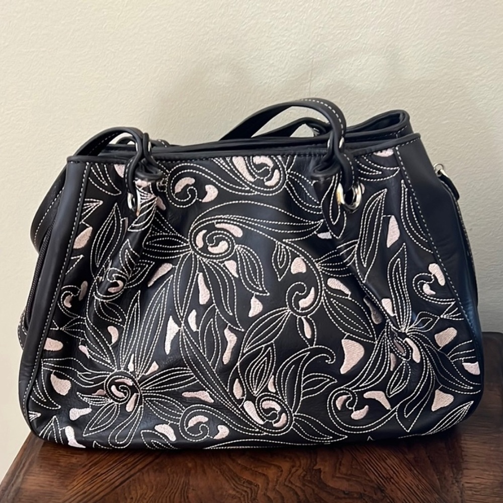 Cole Haan Black and Pink Floral Handbag